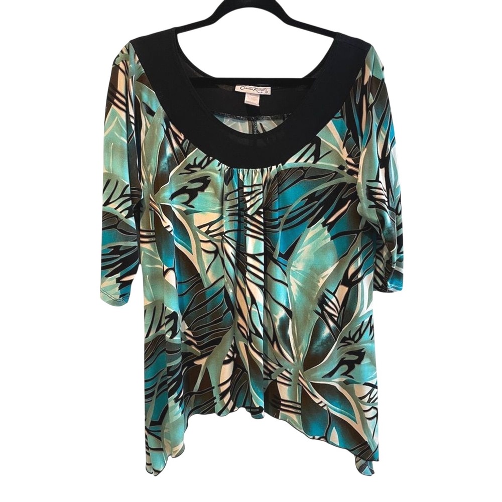 Claudia Richard Top Teal Tropical Abstract Scoop Neck Sharkbite Womens‎ L